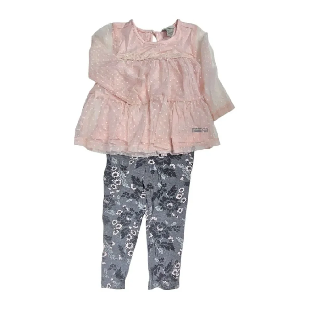 Calvin Klein Baby Girl Pink Swiss Dot Mesh Top Floral Leggings 2pc Matching Set